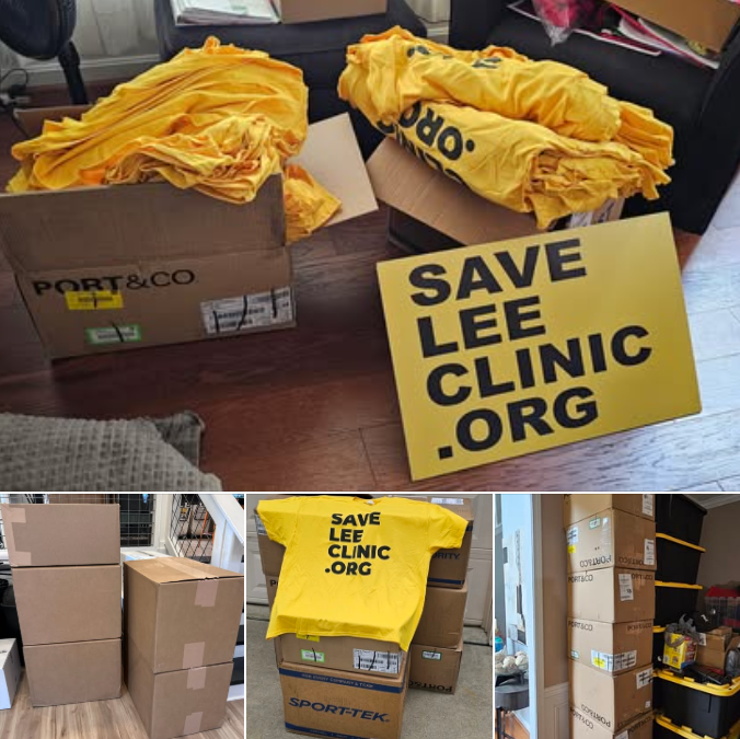 SaveLeeClinic.org promotional shirts and signs.